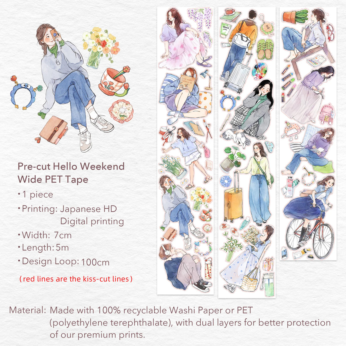 Weekend energy, beautifully illustrated.
The Pre-cut Hello Weekend Wide Washi/PET Tape features a gentle, lifestyle-inspired character embracing all the calm, restorative activities we love — from peaceful reading breaks to scenic bike rides, mindful journaling sessions, slow travel moments, and music-filled afternoons.