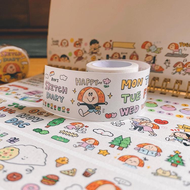 Volume 1:
Today we bring you the <sketch diary=""> category, which has captured the beautiful life Rin is experiencing everyday :)
The inspiration comes from the hand-drawn calendars of each month. The size is 3 cm wide, and with many interesting small paintings for practical daily use. It is a washi tape carefully designed for the calendar grid. It is versatile and super cute,and can be used no matter how you stick it. CUTENESS OVERLOAD!
Full roll: 30mm wide x 5m long (5 loops)
Materials: Washi tape on re