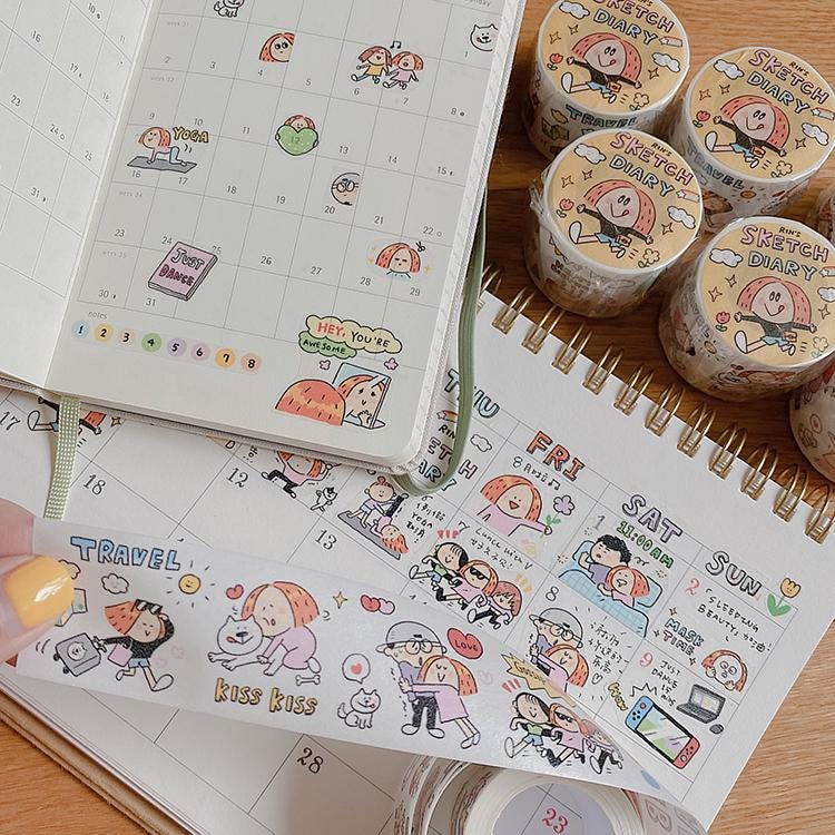 Volume 1:
Today we bring you the <sketch diary=""> category, which has captured the beautiful life Rin is experiencing everyday :)
The inspiration comes from the hand-drawn calendars of each month. The size is 3 cm wide, and with many interesting small paintings for practical daily use. It is a washi tape carefully designed for the calendar grid. It is versatile and super cute,and can be used no matter how you stick it. CUTENESS OVERLOAD!
Full roll: 30mm wide x 5m long (5 loops)
Materials: Washi tape on re