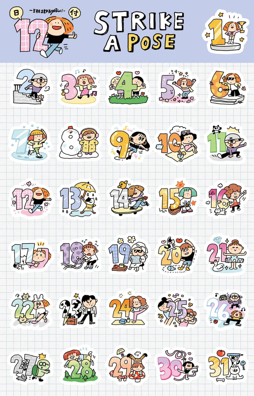 Volume 4:
Today we bring you the <strike a="" pose=""> category, the inspiration comes from the lyrics "Strike a Pose, Pose, Pose, Pose..." from Vogue. So, next to each number, there will be a cute little figure striking a pose. To get by in life, you have to learn how to strike a pose! Click!
Full roll: 30mm wide x 5m long (5 loops)
Materials: Washi tape on release paper</strike>