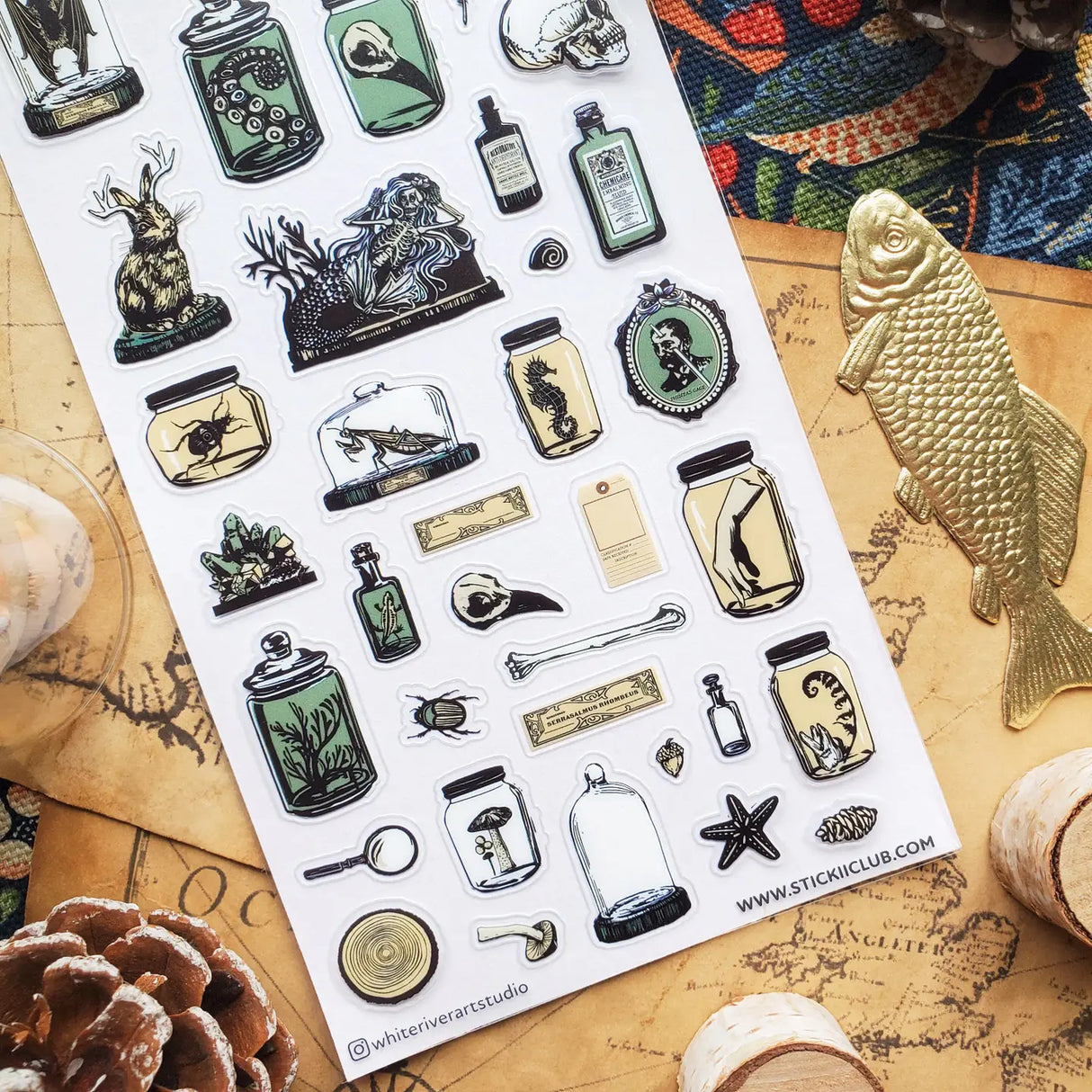 🦴 Step into a shadowy collector’s study with @whiteriverartstudio’s beautifully eerie sheet, filled with preserved specimens, glass jars, bones, skulls, sea creatures, botanicals, and curious little relics. With its antique museum feel and moody natural history details, this sheet is perfect for anyone drawn to the strange, the beautiful, and the wonderfully mysterious.