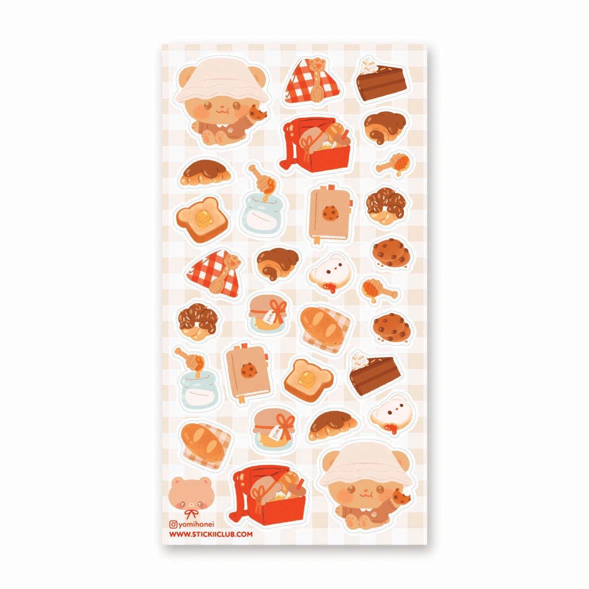 🧺🍯 Pack your blanket for the coziest little picnic! This darling sheet by @yomihonei is filled with flaky croissants, chocolatey buns, chunky cookies, golden loaves, buttery toast, and jars of honey all nestled on a gingham spread. With an adorable bear friend busy filling baskets and tying up tasty treats, it’s a kawaii afternoon of sunshine, crumbs, and cuddly bakery bliss. These stickers will add a drizzle of honeyed happiness wherever you stick them!
Art by: @yomihonei
Top Coating: None
Adhesive Lay