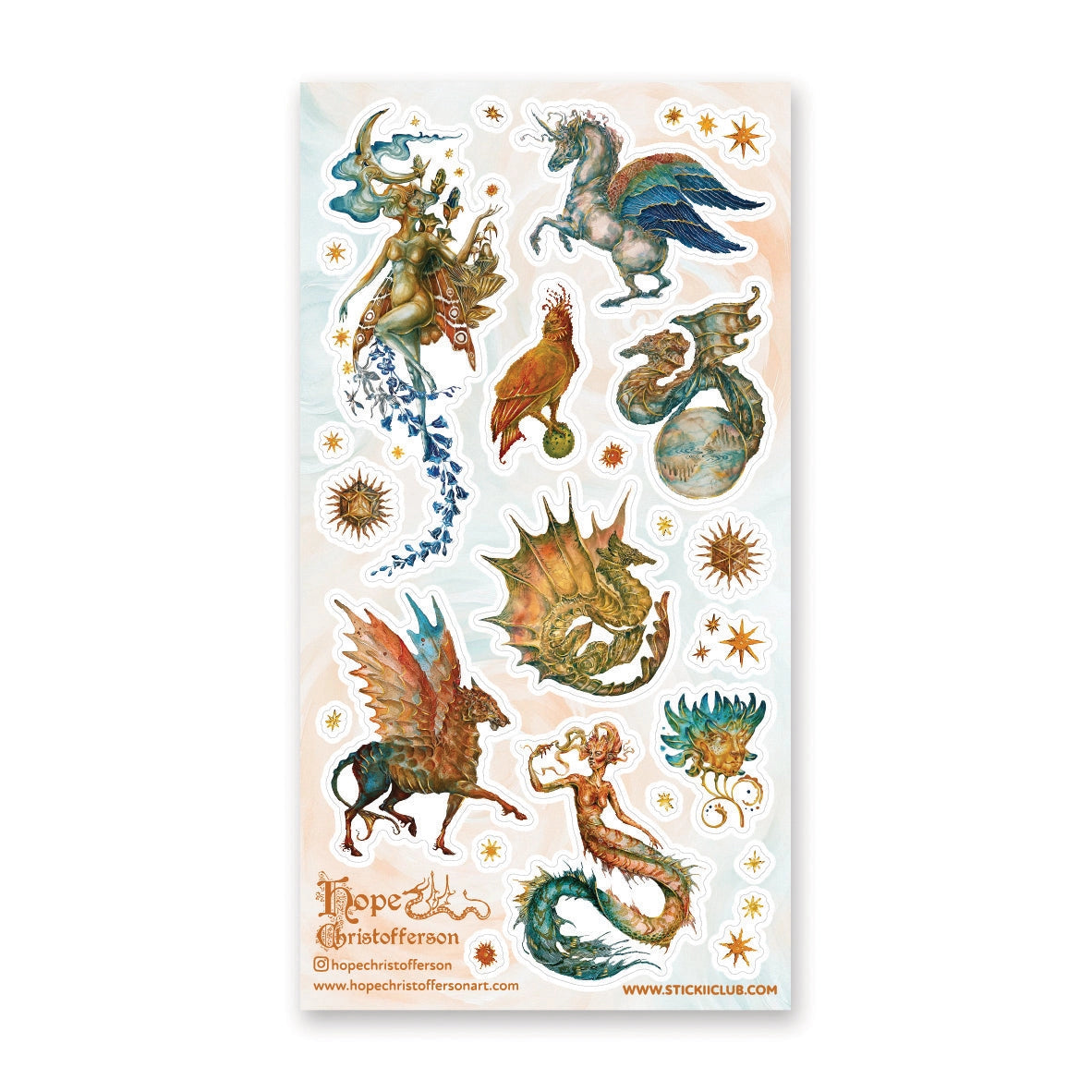 🦄🐉 Soaring through starlit skies and shimmering seas, @hopechristofferson’s mythical beings awaken a realm of untamed magic and ancient wonder. From a winged alicorn and celestial dragons to radiant sirens and cosmic creatures, get ready to weave epic fantasy tales and fill your pages with legendary beauty with this breathtaking sheet.
Art by: @hopechristofferson
Top Coating: Gold Foil
Adhesive Layer: Paper
Backing Layer: Paper
6.69" x 3.54".
Weight - 0.03lbs.