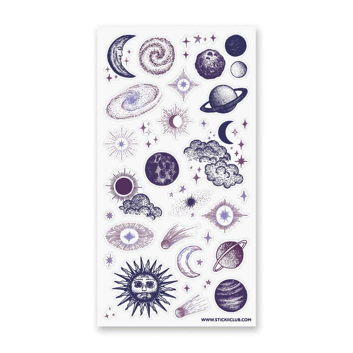 🌞🌙 Blast off into a universe of bold stars, swirling galaxies, and glowing celestial wonders! This cosmic collection is packed with suns that shimmer, moons that glow, and starbursts that practically hum with energy. With textured details and punchy pops of purple, every design feels like a little spark pulled straight from the night sky. Perfect for sprinkling a little cosmic magic wherever you want your pages to shine ✨