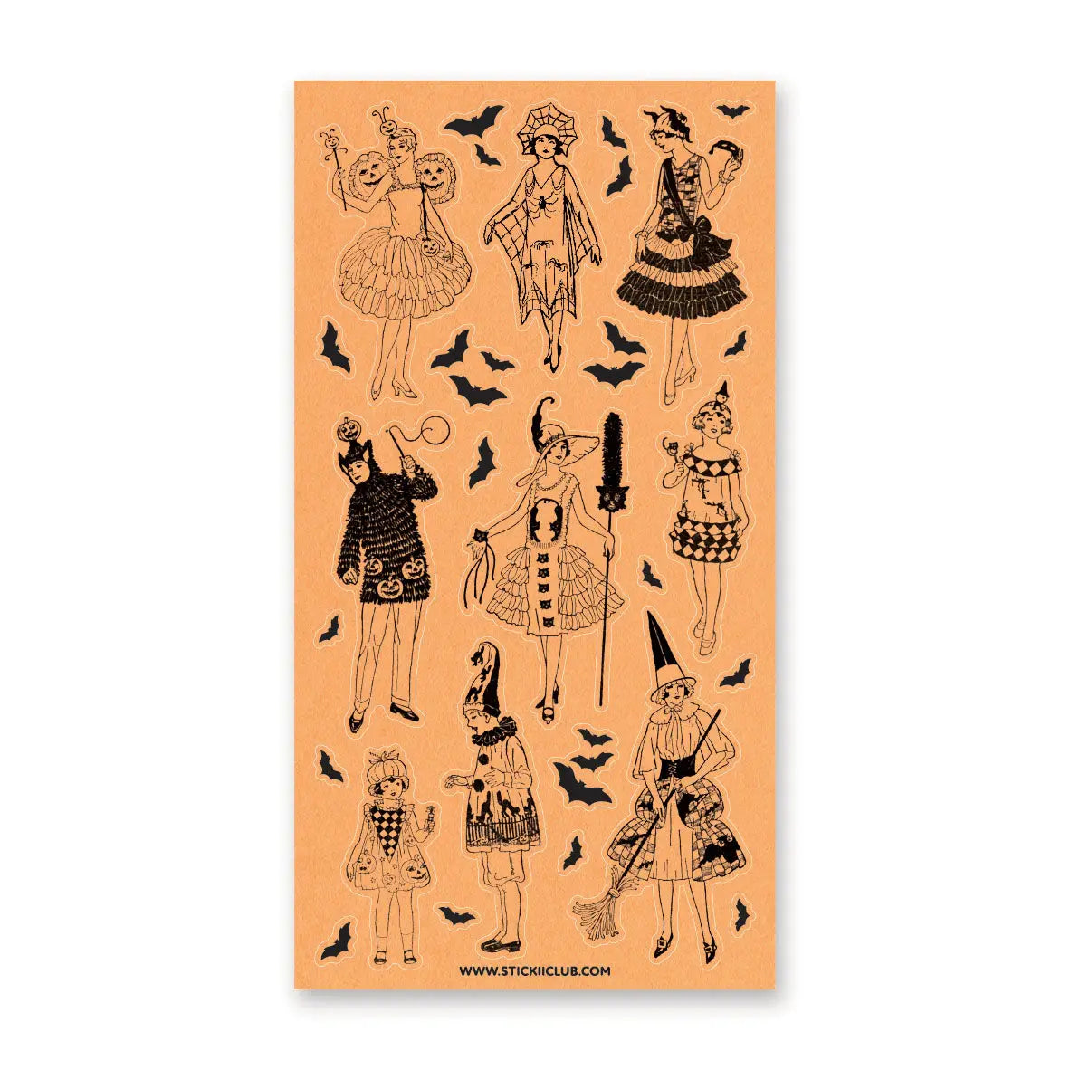 🎃🕸️ Dress up for a vintage Halloween soirée with this charming costume parade! From flapper-era witches and pumpkin queens to masquerade muses and bat-winged partygoers, every figure brings old-time spooky glamour to life. With delicate linework, retro silhouettes, and classic holiday flair, this sheet captures the playful elegance of Halloween celebrations from another era.
Top Coating: None
Adhesive Layer: Paper
Backing Layer: Clear PET
6.69" x 3.54".
Weight - 0.03lbs.
1 sheet included 