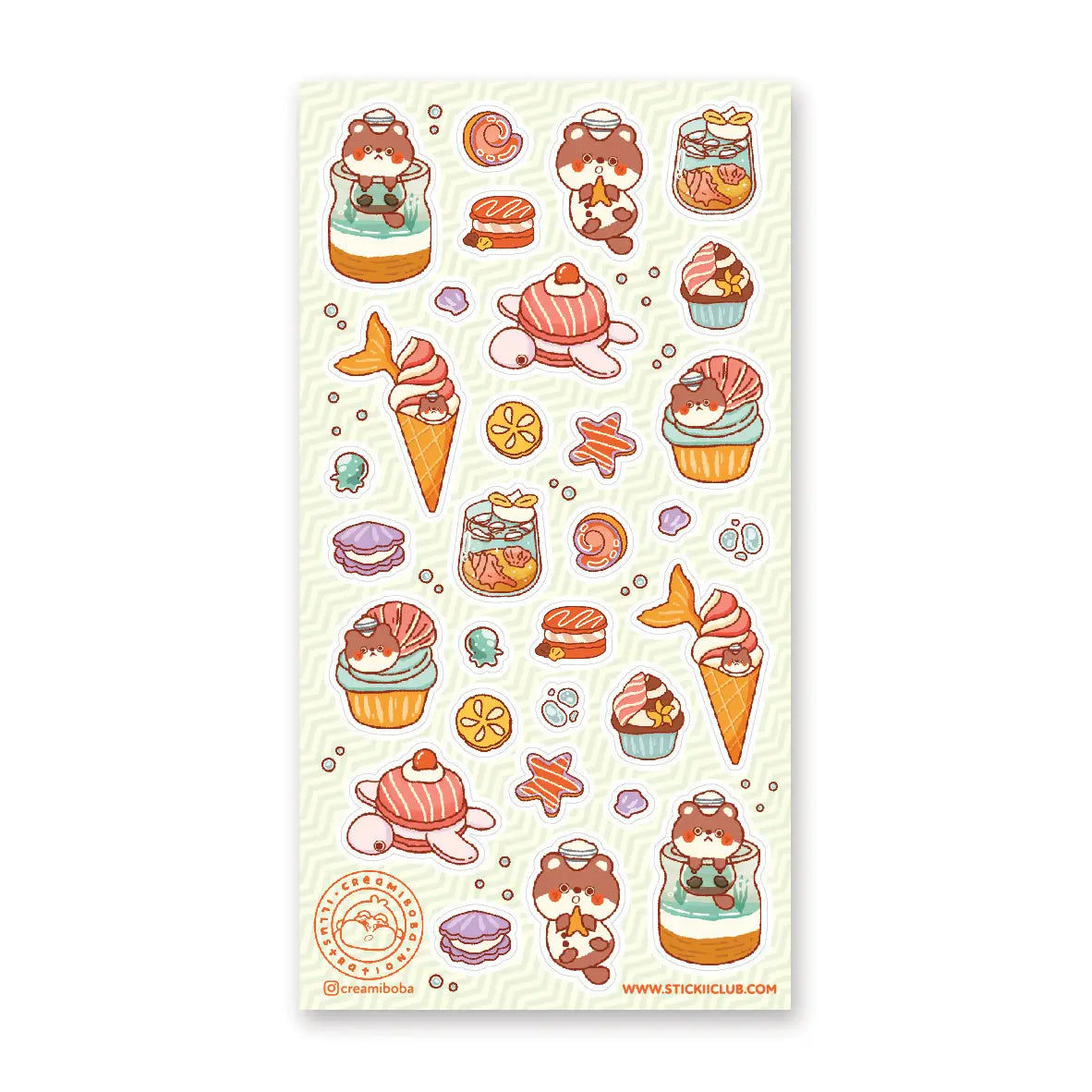 STICKII - Sea Sweets Sticker Sheet
🍦🐚 Get ready for an undersea foodie adventure with @creamiboba’s adorable little sea otter! We're splashing into a world of sweet ocean-inspired treats - imagine biting into a fin-tastic ice cream, munching on adorable starfish cookies, and savoring delightful turtle macarons. Can you believe all these yummy treasures were hiding beneath the waves? Tell us which underwater sweet makes your heart swim with joy! ✨
Art by: @creamiboba
Top Coating: Holo glitter
Adhesive La