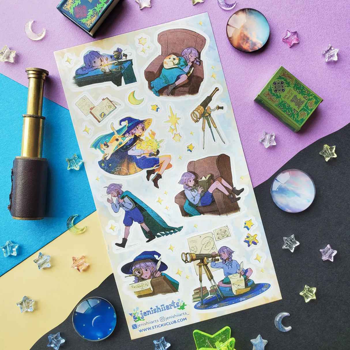 💫🔠We gotta introduce you to Stella! @jenishiiarts_’s adventurous star-chasing witch with a mission to return fallen stars to the sky! I mean, what’s cooler than that? When she’s not busy studying the celestial lights, face buried in a book or peering through her telescope, you can find her soaring through the cosmos, hopping from star to star. Cheer her on with this amazing sticker sheet and postcard set! Art by: @jenishiiarts_
Top Coating: None
Adhesive Layer: Paper
Backing Layer: Paper
6.69" x 3.54".