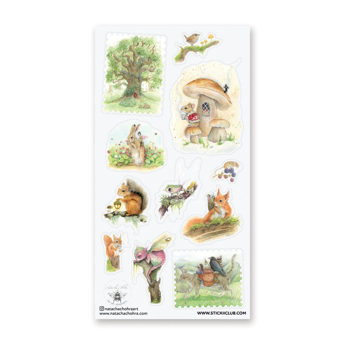 🌳🐿 Wander into a gentle woodland where tiny creatures lead enchanted lives and autumn whispers through the trees with @natachachohraart’s darling set. Where you’ll spot a mouse in a cozy sweater sipping tea outside their mushroom home and even some fairies hitching rides on rabbits through berry-filled gardens.
Art by: @natachachohraart
Top Coating: Matte
Adhesive Layer: Washi
Backing Layer: Clear PET
6.69" x 3.54".
Weight - 0.03lbs.
1 sheet included