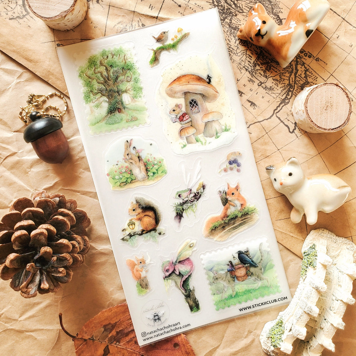 🌳🐿 Wander into a gentle woodland where tiny creatures lead enchanted lives and autumn whispers through the trees with @natachachohraart’s darling set. Where you’ll spot a mouse in a cozy sweater sipping tea outside their mushroom home and even some fairies hitching rides on rabbits through berry-filled gardens.
Art by: @natachachohraart
Top Coating: Matte
Adhesive Layer: Washi
Backing Layer: Clear PET
6.69" x 3.54".
Weight - 0.03lbs.
1 sheet included