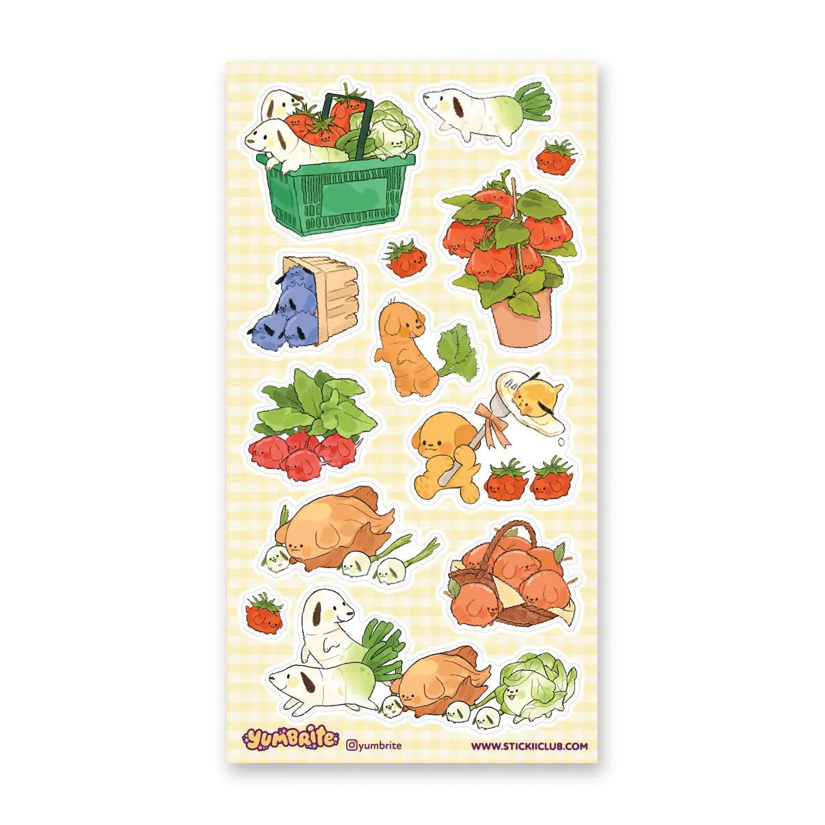 🥕🐶 Let’s go to the cutest farmers market ever with @yumbrite’s veggie pups! From carrot doggos zooming around with leafy greens to tomato buddies piling into produce baskets, these pals take “farm to table” fun very seriously. Packed with fresh produce, playful pups, and wholesome charm, this sheet has us excited for our greens!
Art by: @yumbrite
Top Coating: None
Adhesive Layer: Paper
Backing Layer: Paper
6.69" x 3.54".
Weight - 0.03lbs.
1 sheet included