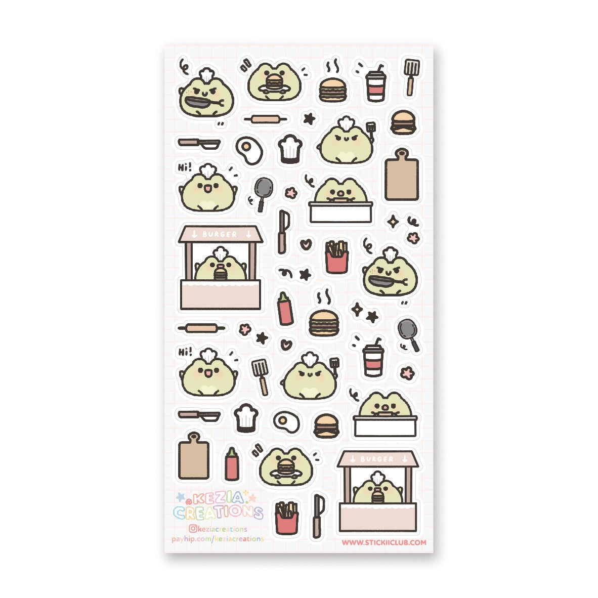 🍔🐸 Say hello to the cutest chef in town! @keziacreations’ adorable little froggy is busy in the kitchen flipping patties and serving up smiles. From sizzling burgers to crispy fries and fizzy drinks, this tiny chef is here to make your heart (and tummy) hoppy.
Art by: @keziacreations
Top Coating: None
Adhesive Layer: Paper
Backing Layer: Clear PET
6.69" x 3.54".
Weight - 0.03lbs.
1 sheet included 