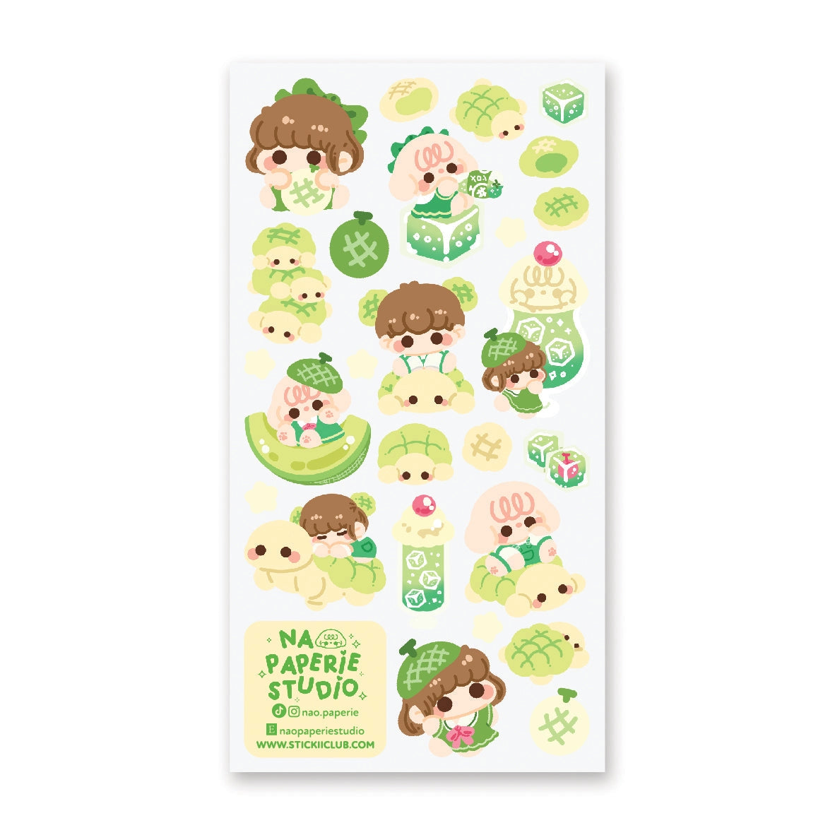 🍈🧃 Craving something delish and refreshing? From bubbly drinks to fluffy buns, look no further than @nao.paperie’s kawaii crew. Packed with fizzy melon sodas, turtle-shaped melonpan, honeydew slices, and the sweetest melon-loving friends.
Art by: @nao.paperie
Top Coating: None
Adhesive Layer: Paper
Backing Layer: Clear PET
6.69" x 3.54".
Weight - 0.03lbs.
1 sheet included 