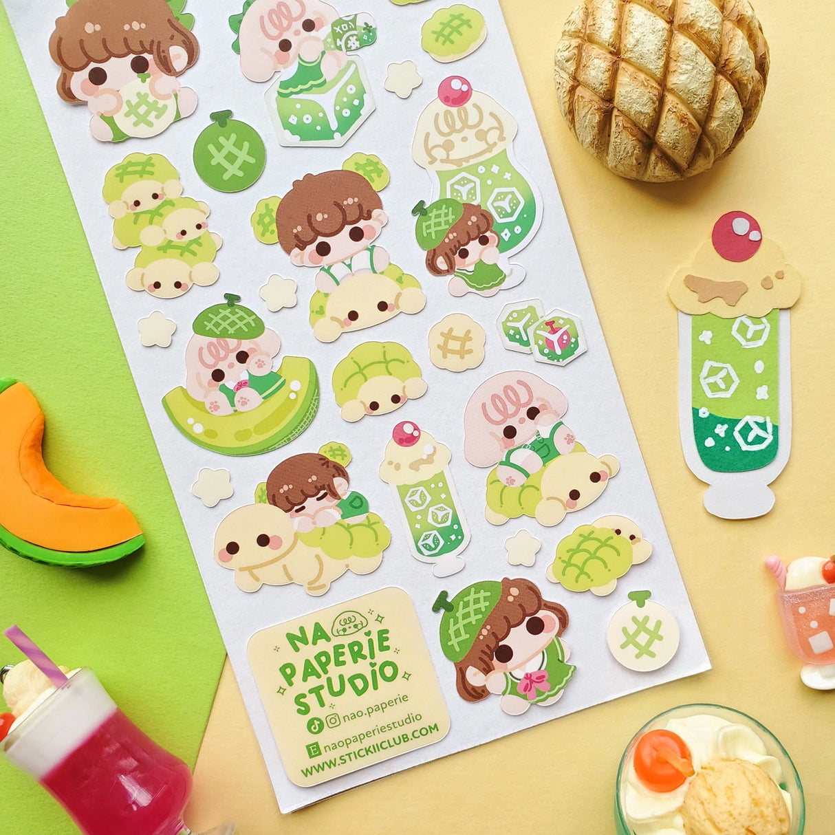 🍈🧃 Craving something delish and refreshing? From bubbly drinks to fluffy buns, look no further than @nao.paperie’s kawaii crew. Packed with fizzy melon sodas, turtle-shaped melonpan, honeydew slices, and the sweetest melon-loving friends.
Art by: @nao.paperie
Top Coating: None
Adhesive Layer: Paper
Backing Layer: Clear PET
6.69" x 3.54".
Weight - 0.03lbs.
1 sheet included 