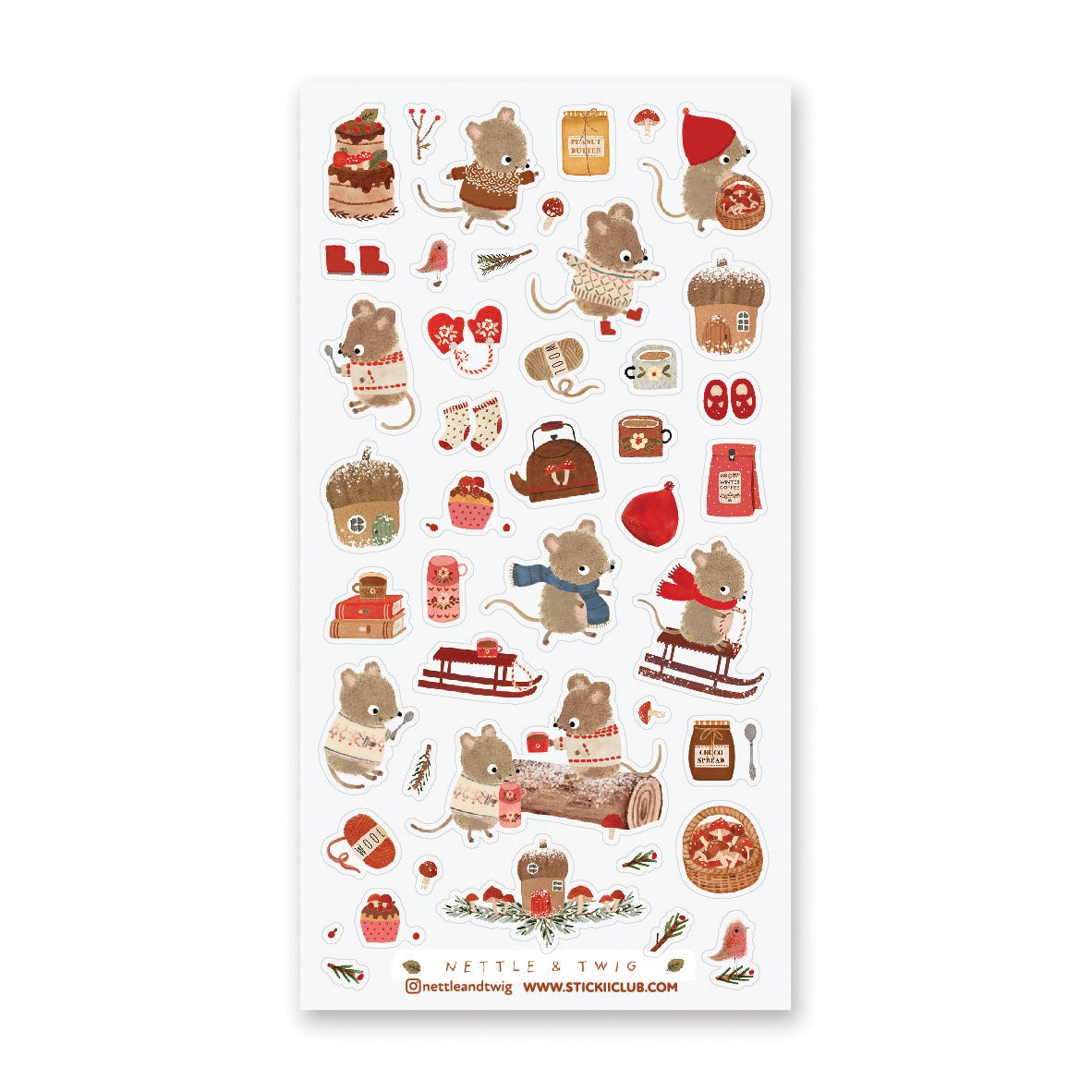 🐭☕️ Cozy up with @nettleandtwig’s snug little mouse village, where winter days are filled with woolly sweaters, steaming cocoa, and muffins fresh from the oven! Among snow-dusted acorn cottages, these tiny friends spend their time sledding, knitting, and sharing warm moments by the fire.
Top Coating: None
Adhesive Layer: PVC (plastic)
Backing Layer: Clear PET
6.69" x 3.54".
Weight - 0.03lbs.
1 sheet included 