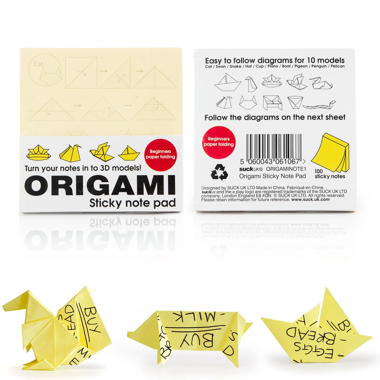 Origami Sticky Note Pad is a little something for those dull moments at the office. Recycle your old sticky notes and turn them in to fun paper origami models. Each pad has instructions for 10 different shapes, including: pig; penguin; boat; crane; butterfly; squirrel; lily and waterbomb. Recycle old notes by following the instructions on the top most clean sheet.
Pack of 100 Useful sticky Notes.
Pack of 100 Origami challenges.
10 different models to build.
Challenge yourself!