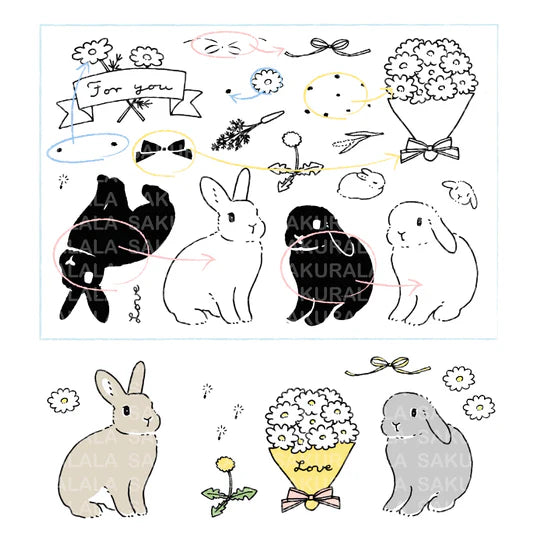 This collaboration with Moriyama, who has a wonderful shop in Ota Ward, Tokyo, and Shiko Moriyama, an illustrator who draws adorable rabbits.
"Fluffy Greetings" is a clear stamp that allows you to make rabbit cards. Since it is a large stamp, it can be printed in a notebook or journal as a cute accent. The stamps of the two large rabbits are divided into a base outline stamp and a coloring stamp that serves as a pattern.