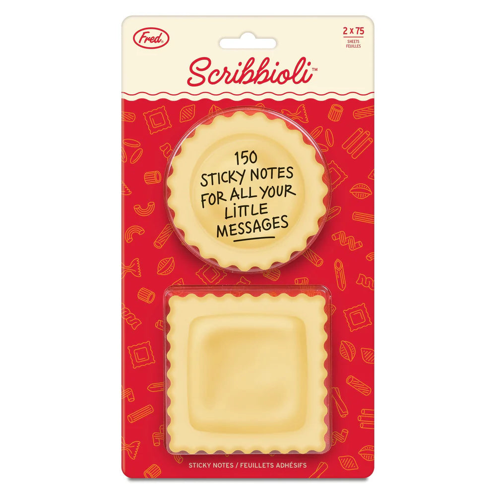Pasta-bly the cutest sticky notes ever.
Stick a fork in your to-do list—Fred’s Scribbioli is served! These ravioli-shaped sticky notes are stuffed with charm and perfect for bite-sized reminders or saucy little love notes. Each set includes two pads with 75 sheets each and comes packed in a gift-ready backer card.
