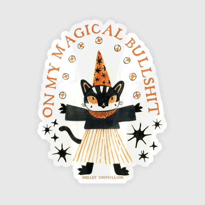 I'm on my magical bullshit again. Are you? I'll bet you are ;)
This lil cat was painted in 2023 - ish and I just found it again and brought it out for the first time for this sticker :D Painted by me, Shelley Couvillion *Fancy but awkward bow*
Vinyl and water resistant, looks great on water-bottles or notebooks or laptops. 3" tall.