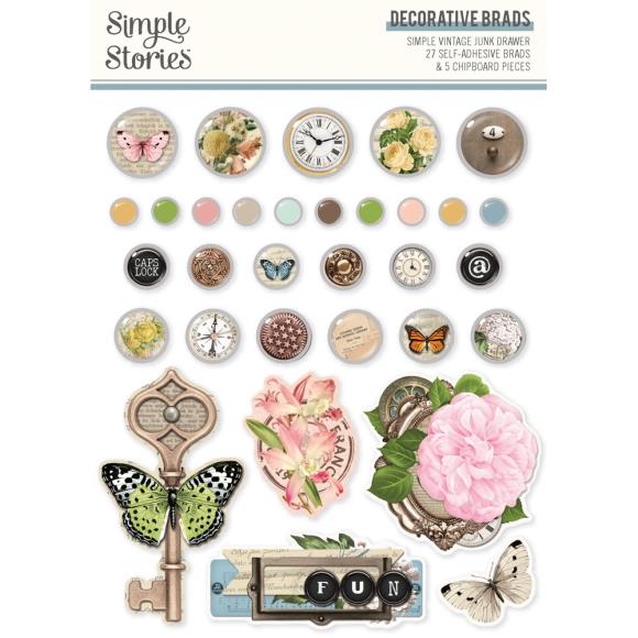 Perfect for card making, scrapbooking, junk journals and bookmaking, and any other paper crafting!
27 Self-adhesive Metal Brads and 5 Chipboard Pieces