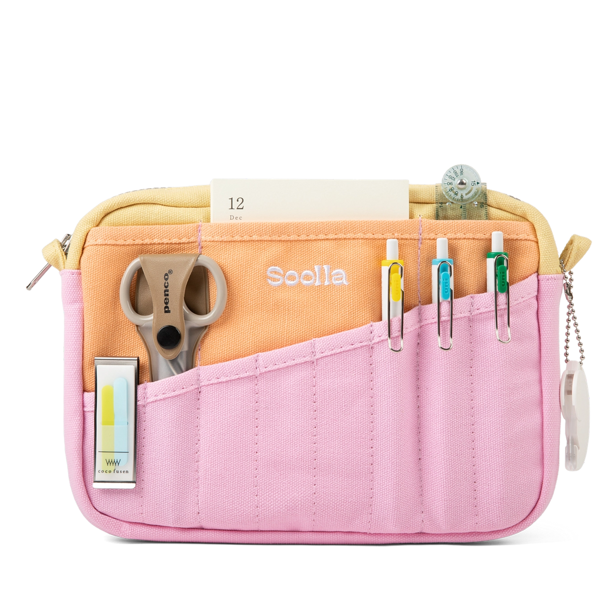 Front layout: 8 slanted pockets + 3 directly behind
Interior: Main compartment fits an A5 notebook; two open compartments on each wall
Back panel: 3 wide exterior pockets + one full-length slip pocket
Quick-drying duck canvas — sturdy, breathable, and machine-washable
Convertible design — hooks for your own strap or a Soolla strap (coming soon)
Structured silhouette — holds its shape even when lightly packed
Full-width YKK zipper — smooth and durable
Compact profile — fits inside larger bags or