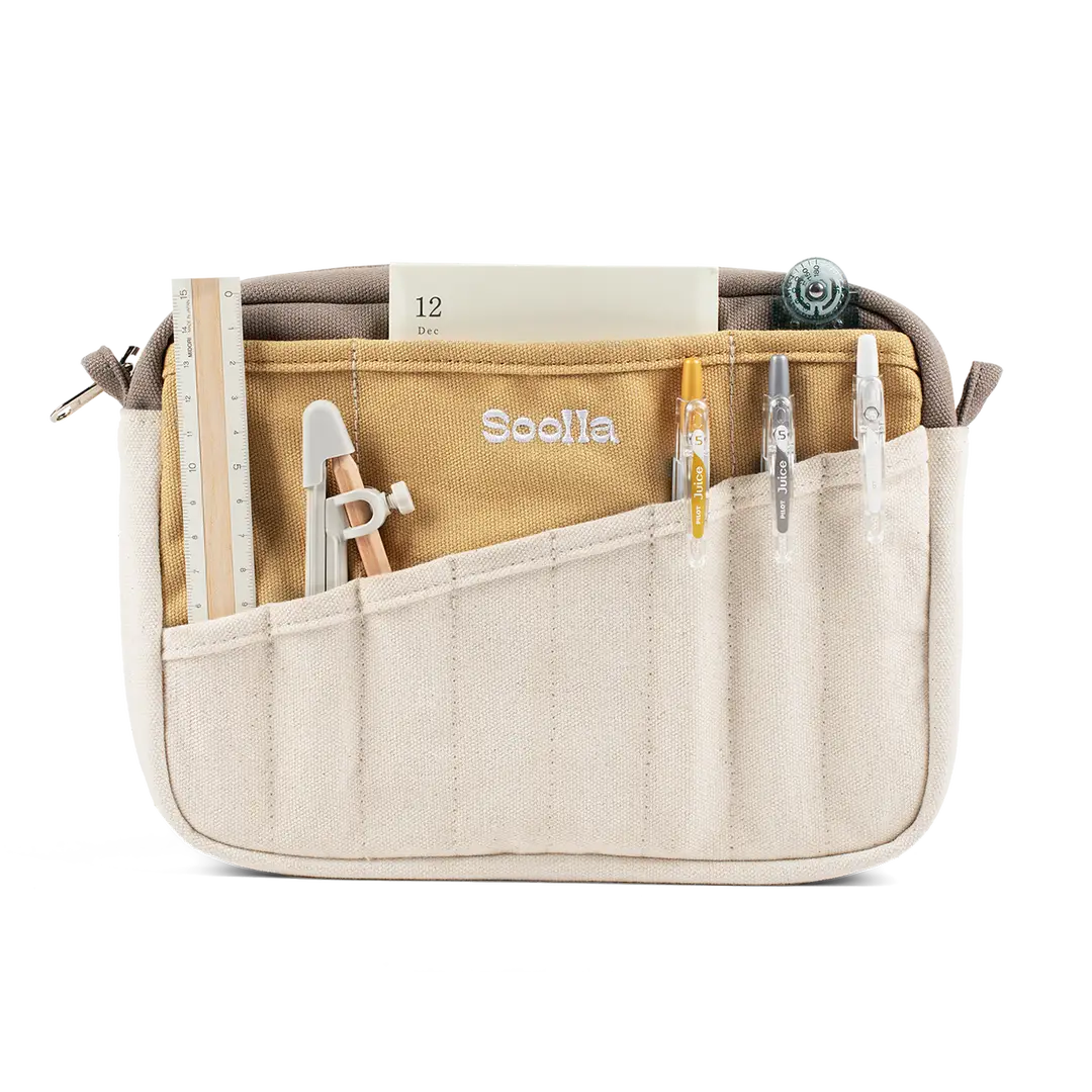 Soolla Studio Pouch - Driftwood
A compact carry-all pouch for artists, makers, and stationary lovers who appreciate a little order in their chaos. Structured enough to hold its form, soft enough to fit anywhere, and fully machine-washable for the days that get a little messy — your tools, pens, and creative essentials stay safe, visible, and ready wherever you go.
Inside, 20 pockets make space for art supplies, stationary essentials, and an A5 notebook, all secured by a smooth YKK zipper. Sized to fit wit