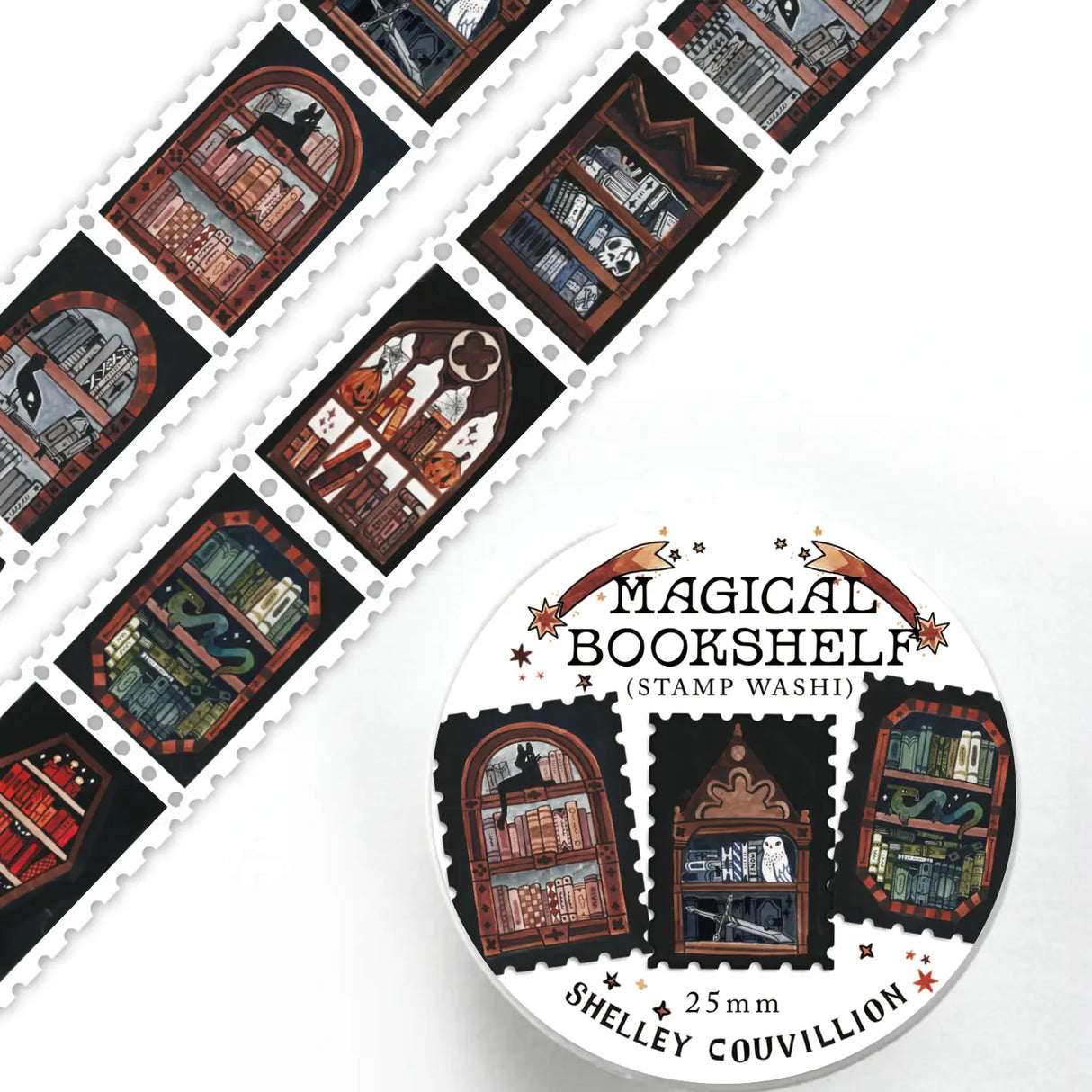 Hand-Painted by Shelley Couvillion | 2025
Add a touch of vintage charm and literary elegance to your stationery collection with this beautifully hand-painted washi tape. Featuring intricate illustrations of cozy, stacked bookshelves, this tape perfectly captures the essence of witchy dark academia. Each delicate brushstroke was created by artist Shelley Couvillion in 2025, making this a unique and timeless piece for your journaling or crafting projects and perfect for that bookish goth in your life.
Measu
