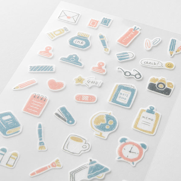 The "stationery pattern" with a soft touch like colored pencils can be arranged by layering nostalgic stationery and notebook motifs.
A wide variety of sticker designs to use with your notebook
These peel-and-stick washi stickers will make your daily records more fun. Simply stick them freely on the margins of your notebook to create a gorgeous page. It comes in a pack of 2 sheets, a small size that is perfect for monthly blocks and a large size that is convenient for filling in the blanks.