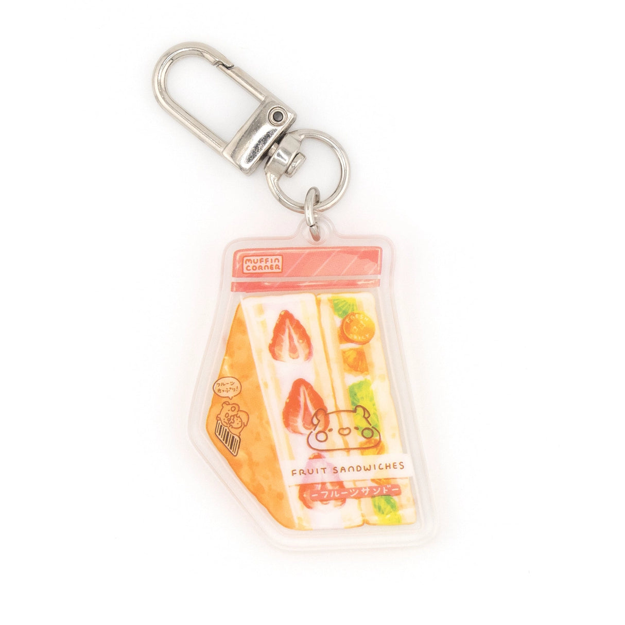 The Konbini (コンビニ) series keychains feature delicious food with cute packaging. This sandwich is full of fresh fruits and cream, packed in a bag with Muffinmaru’s little face.
Details:
Approximate Dimensions: 1.5” x 1.9” (3.9cm x 4.9cm
Material: Acrylic
Double-sided
Comes with 1 Keychain