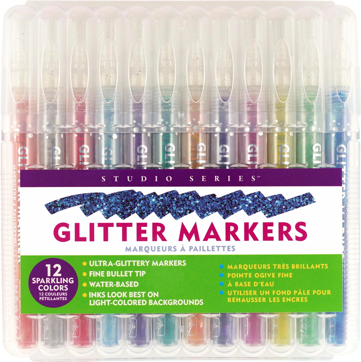 Add sparkle to your art projects with Glitter Markers in 12 dazzling colors!
Ultra-glittery markers! Fine 0.7mm bullet tips. Water-based ink. 12 vibrant colors. Inks look best on light-colored backgrounds.
TO START INK FLOW: Gently shake marker. Uncap. Press tip down against a surface until ink flows to tip, then draw. Recap marker right away when finished.
Each marker measures 5-1/4'' in length.
Set comes in a sturdy plastic storage case that keeps markers safe and organized on the go.
Case measures 6''