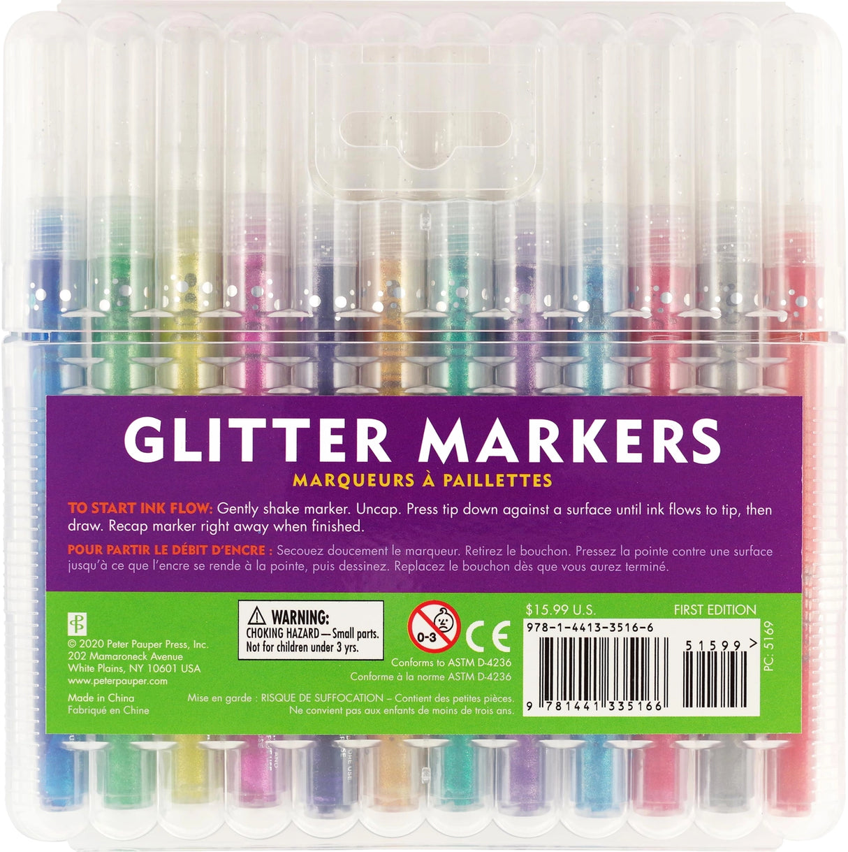 Add sparkle to your art projects with Glitter Markers in 12 dazzling colors!
Ultra-glittery markers! Fine 0.7mm bullet tips. Water-based ink. 12 vibrant colors. Inks look best on light-colored backgrounds.
TO START INK FLOW: Gently shake marker. Uncap. Press tip down against a surface until ink flows to tip, then draw. Recap marker right away when finished.
Each marker measures 5-1/4'' in length.
Set comes in a sturdy plastic storage case that keeps markers safe and organized on the go.
Case measures 6''