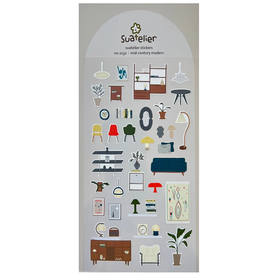 A charming Mid-Century Modern sticker sheet featuring retro furniture, lighting, and decor in warm, earthy tones. Perfect for adding a stylish vintage touch to journals, laptops, and planners.
• This package includes 1 sheet of sticker
• Package measures approx. 8" x 3.5"
