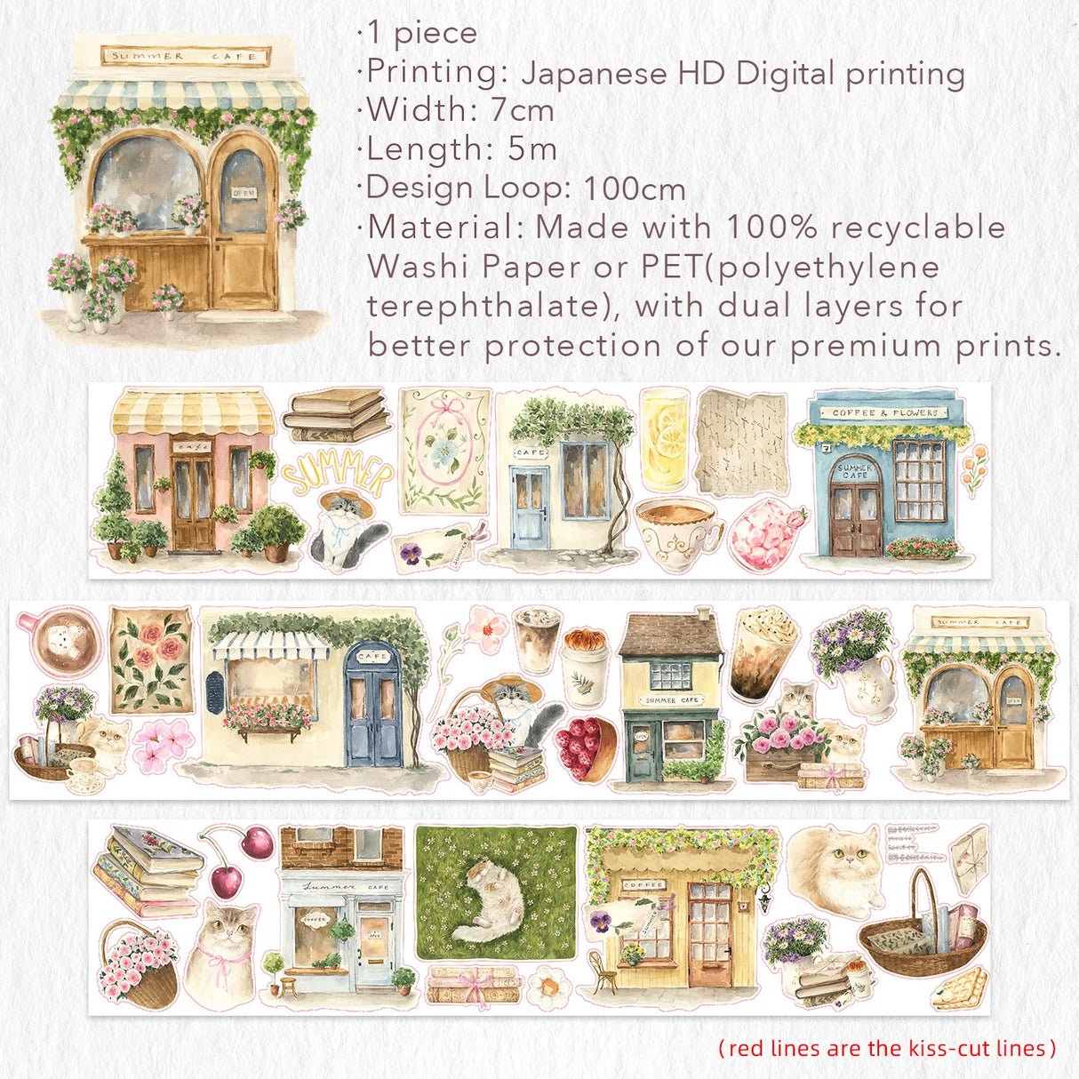 Step into a world where nature and comfort collide. Our Summer Café Wide Tape transforms your stationery into a bustling garden bistro, teeming with life, blooming flowers, and the true owners of the cafe: the cats.
This whimsical design weaves together the architecture of charming coffee shops with the wild beauty of summer florals. Nestled among the potted plants and open doors, you’ll find hand-painted cats exploring, sleeping, and playing. 