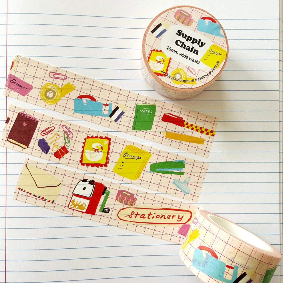 Karen's cute supplies on a fun graph background.
Perfect for decorating planners, journals, cards, gifts, and scrapbooks. The perfect roll of washi for stationery lovers!
25mm x 10m tape
Artwork property of Karen Schipper
Shrink-wrapped with label stickers on both sides (save for your junk journal!)