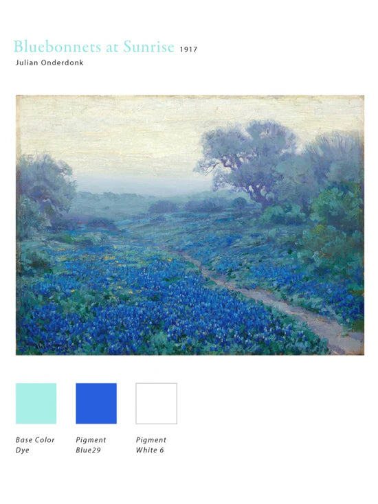 Bluebonnets at Sunrise
The Respect Collection pays homage to artistic masterpieces with inks that display the vibrant colors found in these artworks. These inks are also a part of the Crystal Line which has been produced specifically for glass pens.
Art work reference: Bluebonnets at Sunrise, 1917, by Robert Julian Onderdonk.
30ml
Glass Pen Only