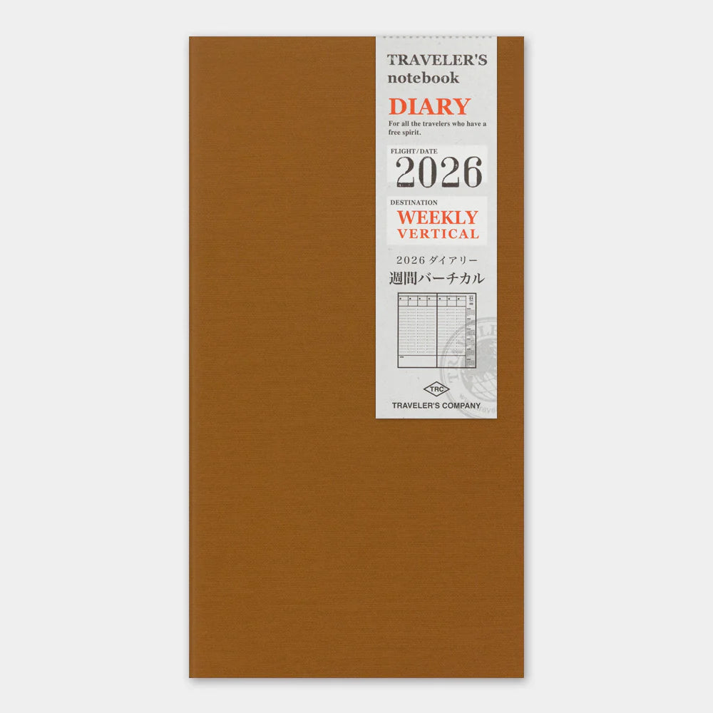 This is the 2026 DIARY Weekly Vertical for TRAVELER’S notebook. The Vertical Diary layout utilizes a daily timeline that allows you to keep track of schedules on an hourly basis. A blank note section expands across the bottom of the layout for extra writing space. On the right edge, you can refer to other months of the year related to the page. This notebook includes dated pages for the second half of 2026: the months of July through December.
MD paper is used for this notebook so you can enjoy an excellen