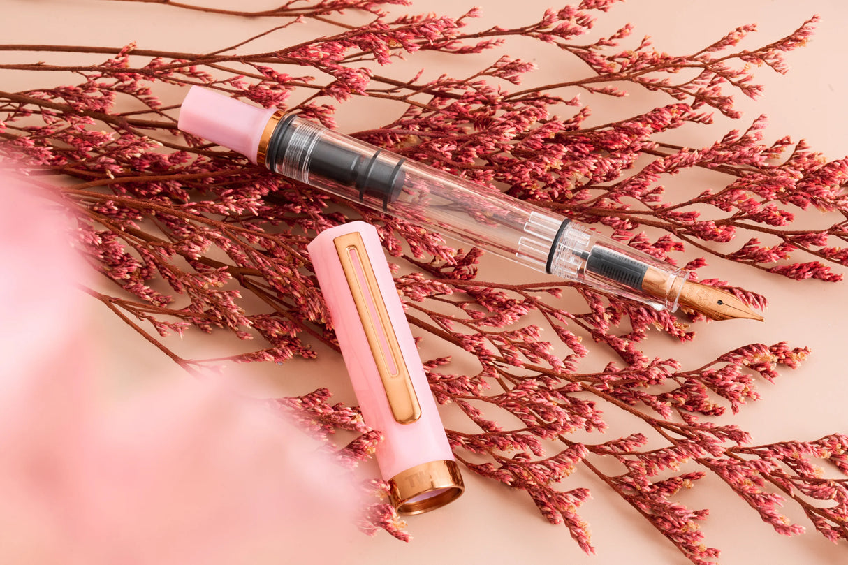 TWSBI ECO Pink Lemonade w/ Bronze Fountain Pen
Comes in EF, F, M, B, Stub1.1 nib choices
Please note: Because of the marbled finish, each pen will have a slightly different pattern, so we’re unable to accommodate specific color requests.