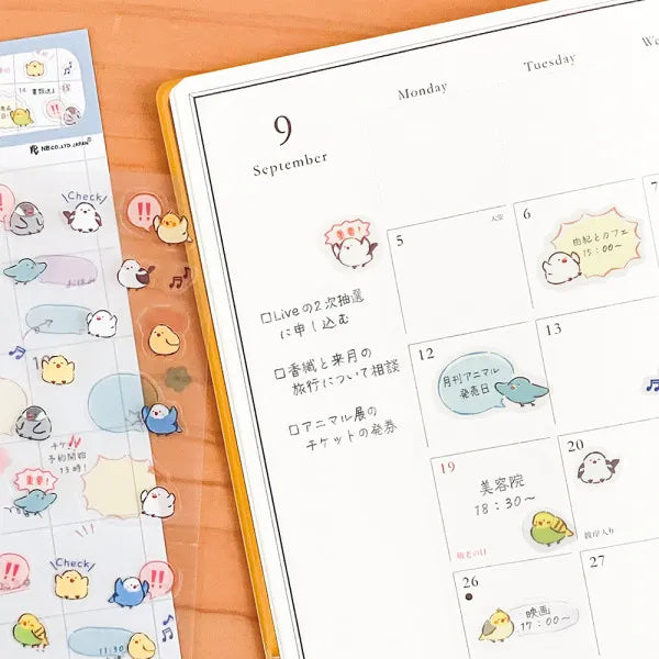 This sticker has a translucent and matte texture that blends in with the notebook.
It can be separated with perforations and carried as much as necessary.
The design is of birds chatting about their plans and notes.
1 Sheet included
165× 90mm
Transparent seal