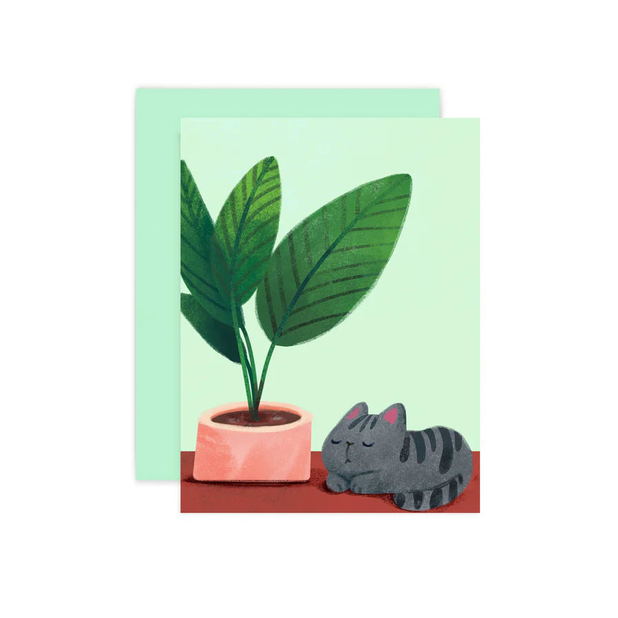 This card illustration features gray cat with dark stripes sleeping curled up next to a large leafy potted houseplant with a pale green background
Single card includes 1 folded card + 1 matching envelope
Blank inside
Dimensions: 4.25 x 5.5 inch
Designed and illustrated by Aggie Cheung for The Little Red House