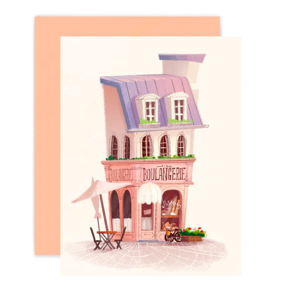 This card iIllustration features lavender-roofed pink bakery with outdoor seating inspired by Paris boulangeries
Single card includes 1 folded card + 1 matching envelope
Blank inside
Dimensions: 4.25 x 5.5 inch
Designed and illustrated by Aggie Cheung for The Little Red House