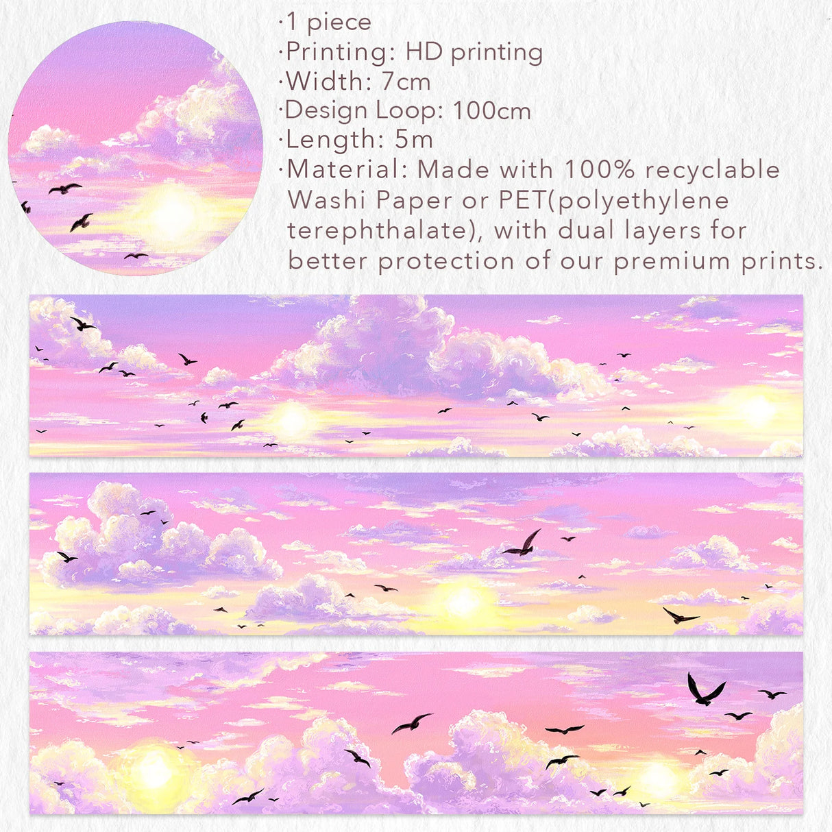 Capture the gentle embrace of evening with the Lotus Twilight Wide Washi/PET Tape. This tape embodies the softest part of the sunset. The design features a dreamy, seamless gradient that flows from a warm, glowing orange into a hazy, light lavender. Drifting through this pastel sky is a flock of silhouetted birds, gliding peacefully on the breeze. It brings a sense of calm and whimsy to your journal, perfectly replicating that quiet, cotton-candy sky moment just before the stars come out.
