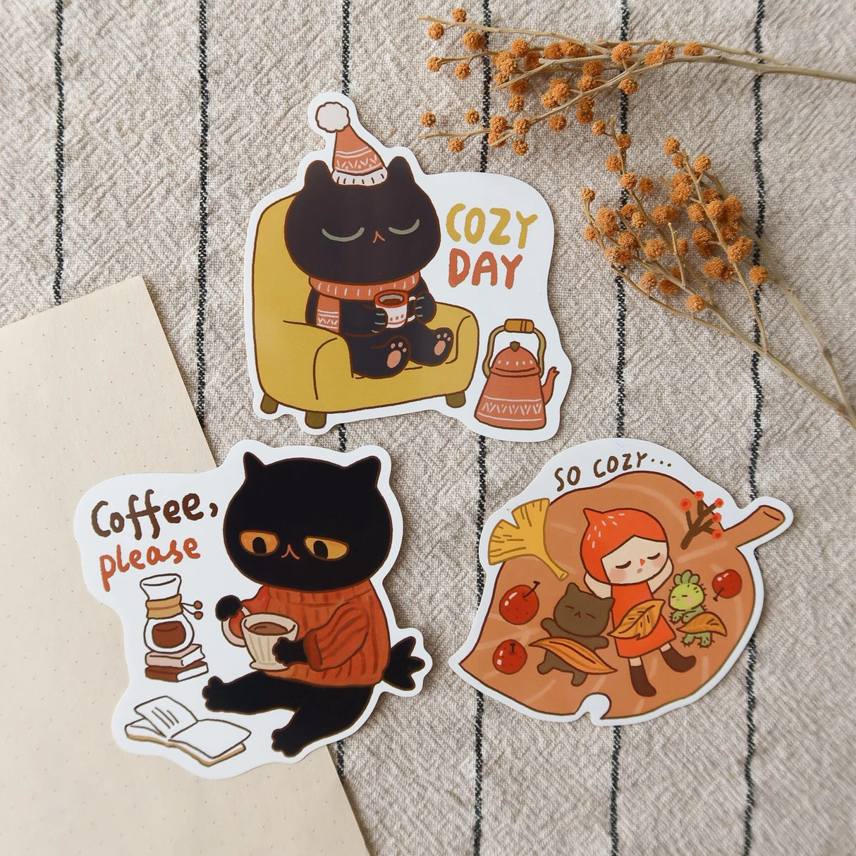 A whimsical set of 3 vinyl stickers featuring Tiny Kikimo and friends on their little adventures.