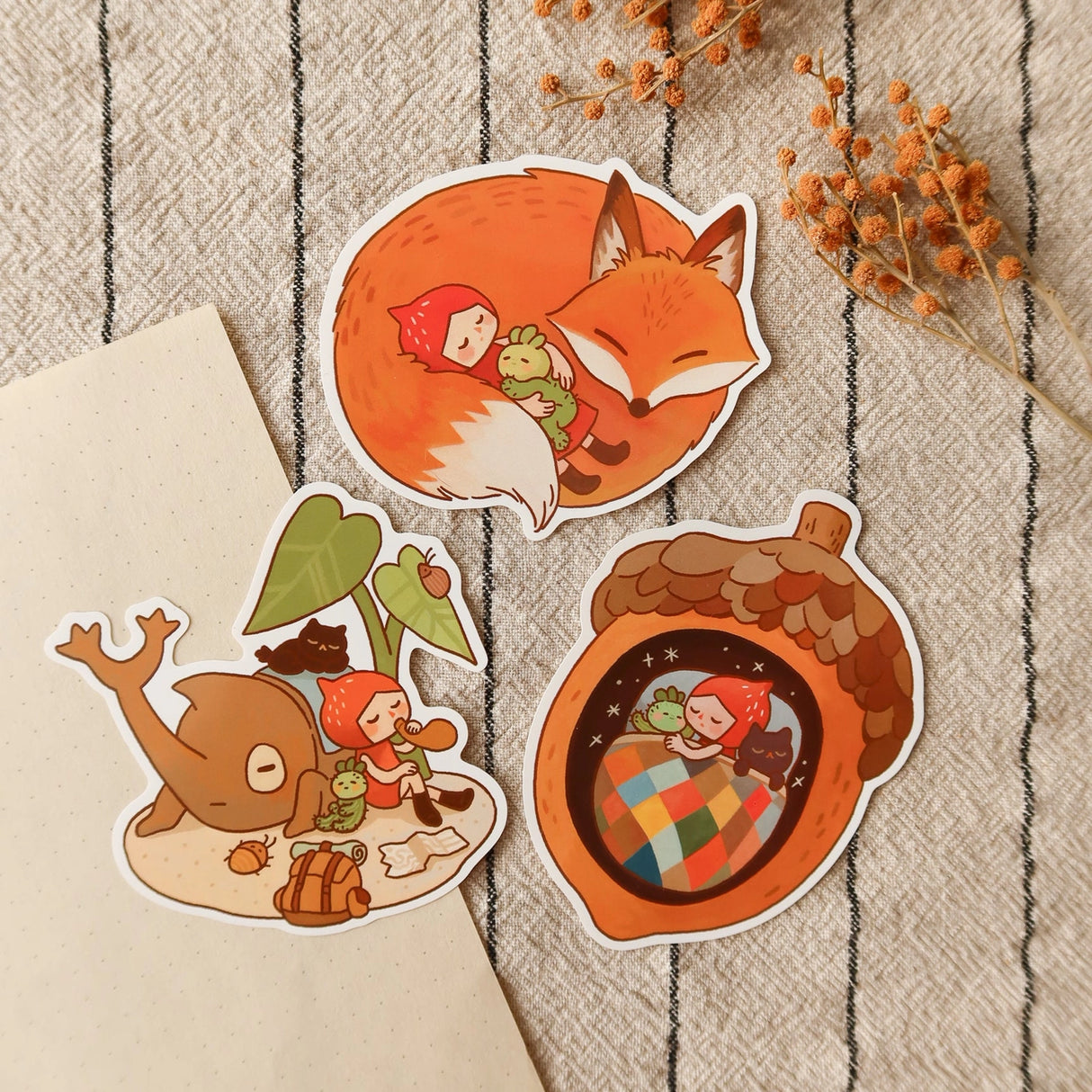 A whimsical set of 3 vinyl stickers featuring Tiny Kikimo and friends on their little adventures.