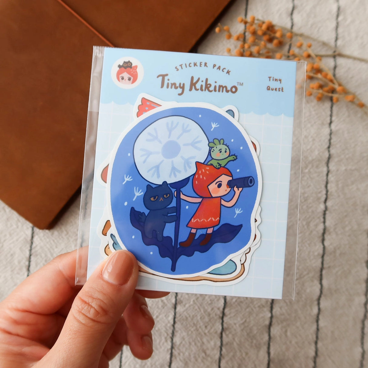A whimsical set of 3 vinyl stickers featuring Tiny Kikimo and friends on their little adventures.