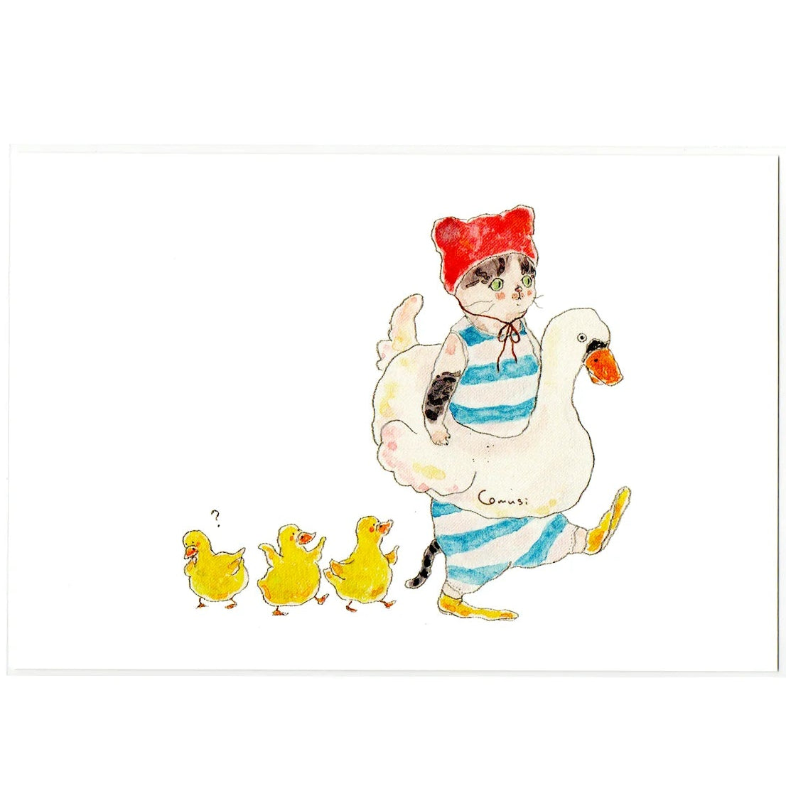 This adorable postcard features a cat waddling towards the pool followed by ducklings. It was illustrated by artist Tokoro Komugi who is known for their soft style of illustration featuring animals.
4in x 5.8in