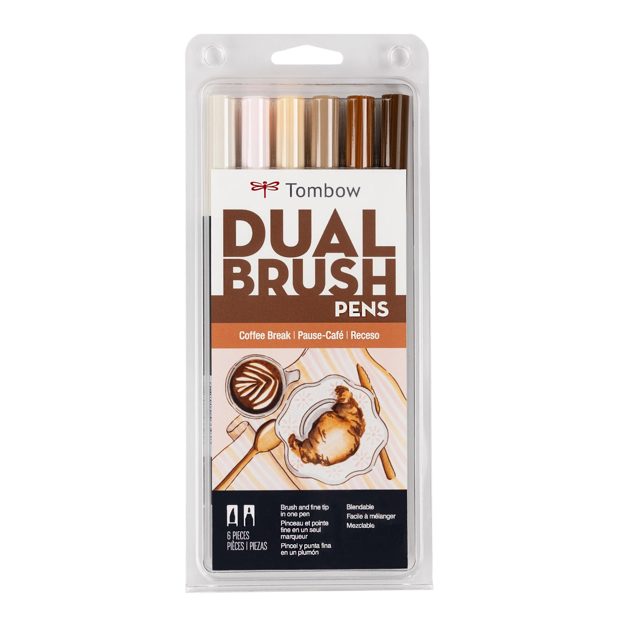 Set of 6 colors. Dual Brush Pens feature a flexible brush tip and a fine tip in one marker. The brush tip works like a paintbrush to create fine, medium, or bold strokes, while the fine tip provides consistent lines. The Coffee Break palette is inspired by rich coffee tones and warm neutrals, perfect for cozy and inviting designs. The water-based ink is blendable, and the resilient nylon brush retains its point stroke after stroke.