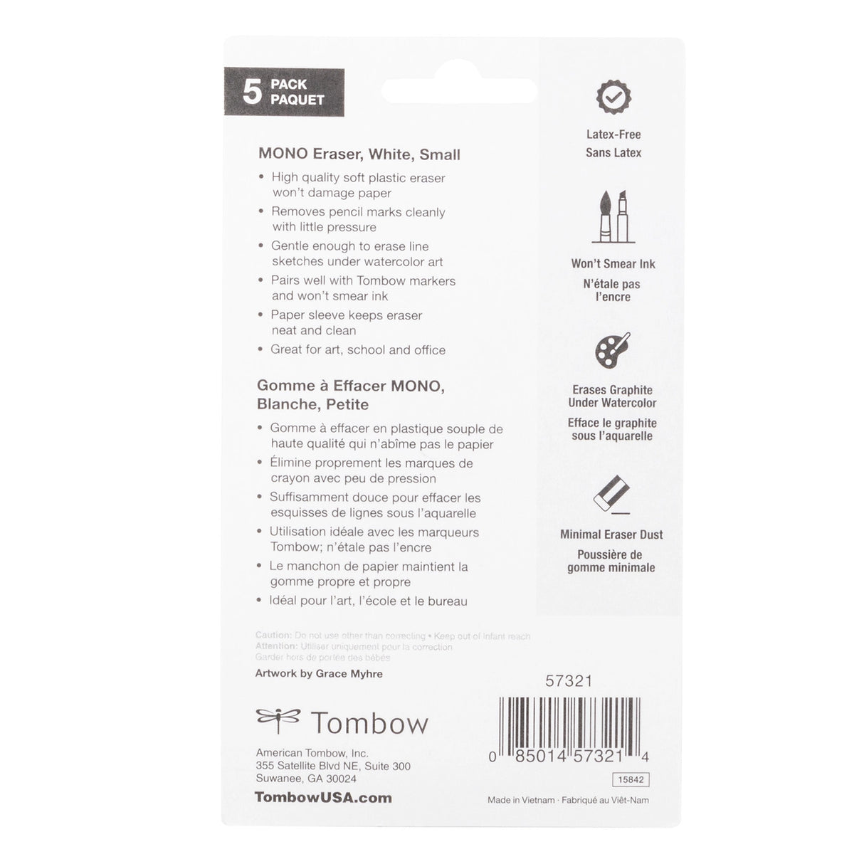 Soft plastic eraser removes marks cleanly with little pressure and no paper damage. Great for school or art. The eraser’s protective paper sleeve features rounded corners to prevent damage to the eraser during use.
5-Pack