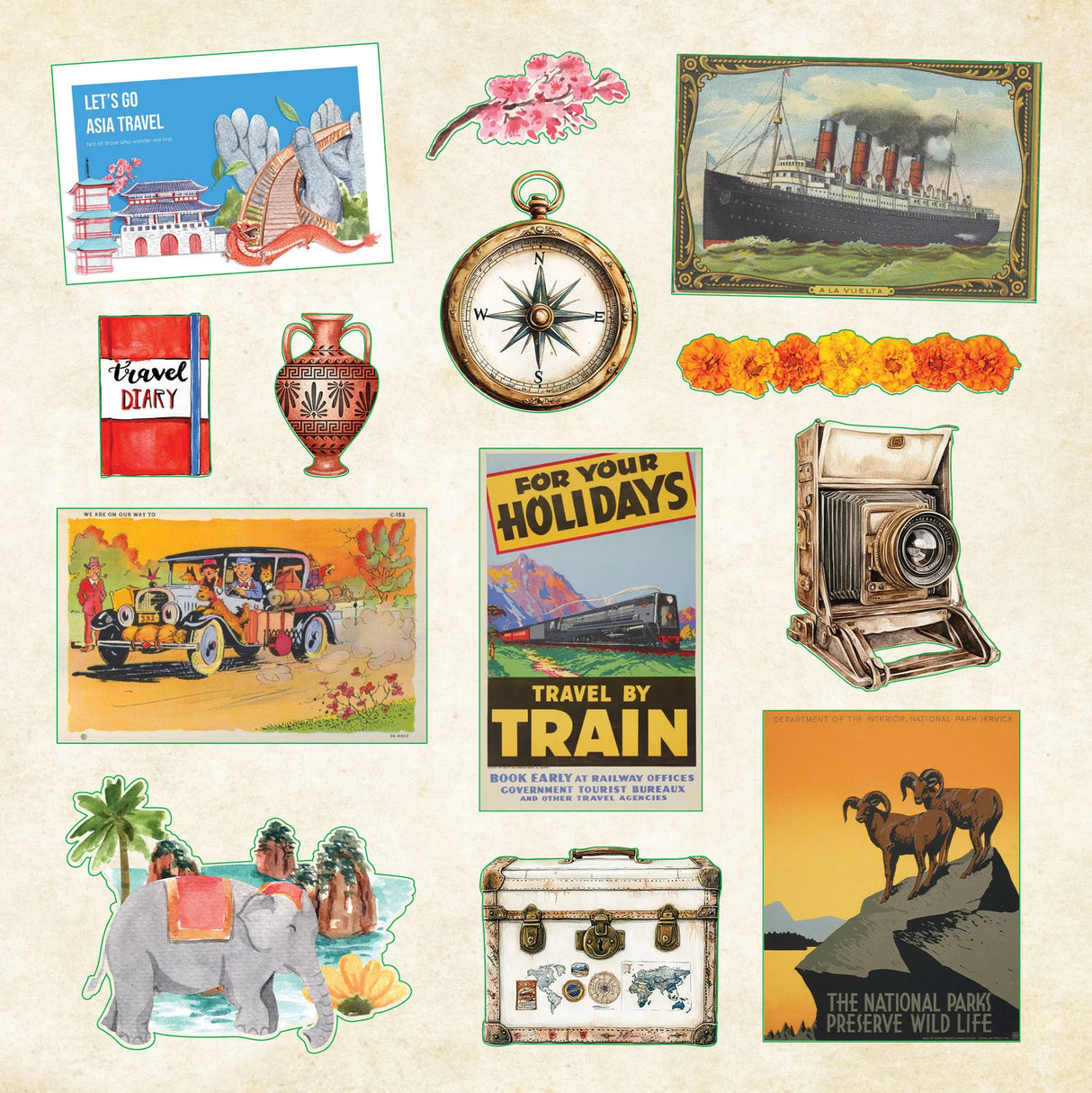 Here is a richly packed sticker book designed for wanderlusters, memory-keepers, and anyone who loves turning their journal or planner into a visual travelogue!
With 50 vibrant pages and more than 700 stickers, it's a treasure trove of global imagery ready to spark your next adventure!