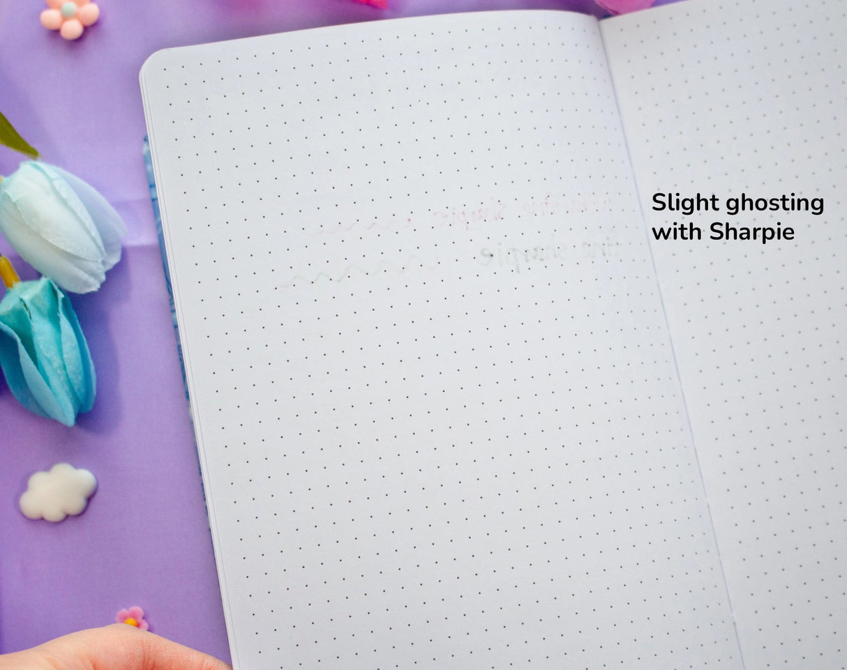 ✧Size & Materials✧
Size: A5 (approximately 5.8 x 8.3 inches)
Smooth hardcover, rounded corners
160 dot grid pages, 140 gsm
Includes ribbon bookmark, elastic band, and back pocket