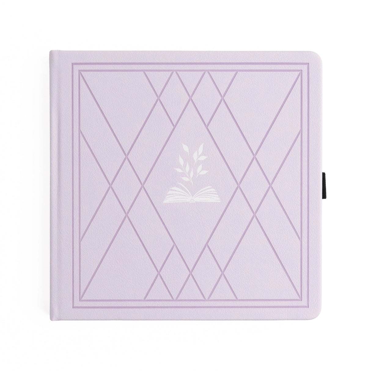 A dreamy notebook in gentle lilac vegan leather, inspired by classic library bindings. Subtle geometric embossing frames a delicate open-book motif, creating a clean, elegant design that appeals to book lovers, writers, and everyday creatives.