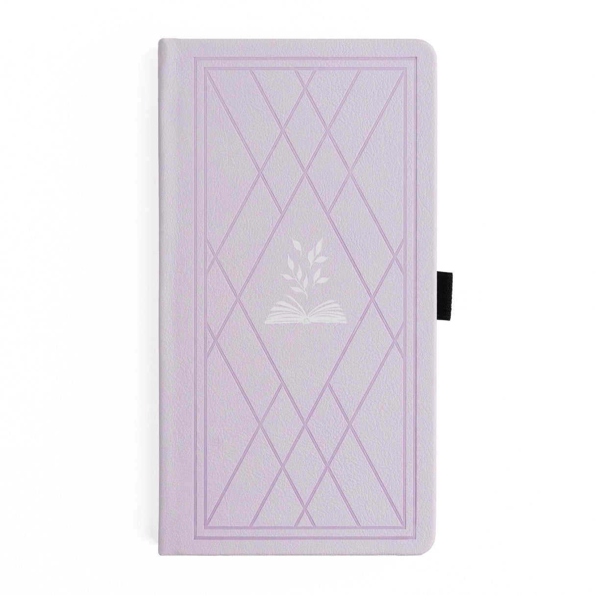 A dreamy notebook in gentle lilac vegan leather, inspired by classic library bindings. Subtle geometric embossing frames a delicate open-book motif, creating a clean, elegant design that appeals to book lovers, writers, and everyday creatives.